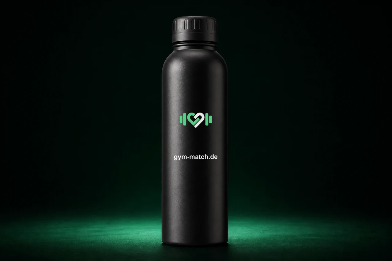 Designvorschau einer mattschwarzen GymMatch Isolierflasche mit Herz-Hantel-Zeichen und Domain