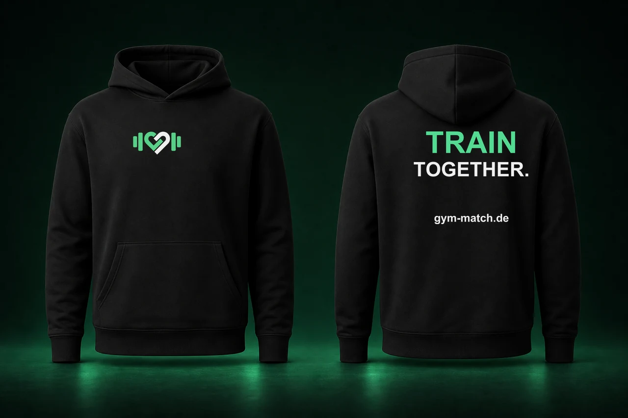 Designvorschau eines schwarzen GymMatch Unisex-Hoodies mit Herz-Hantel-Zeichen und dem Schriftzug Train together