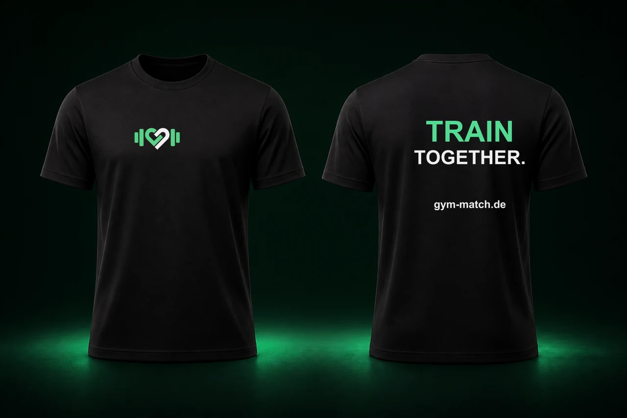 Designvorschau eines schwarzen GymMatch Unisex-Shirts mit Herz-Hantel-Zeichen und dem Schriftzug Train together